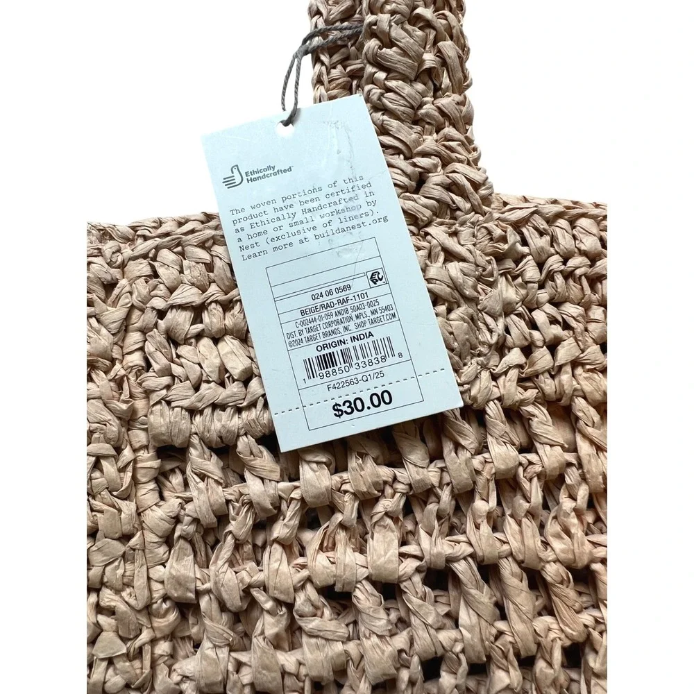 NWT Women Tote Bag Tan Straw Raffia Open Weave Ethically Made Beach Market Bag - Picture 3 of 5